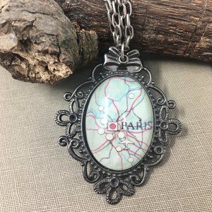Paris Map Antique Silver Tone Oval Ornate Medallion Pendant Necklace